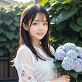 紫陽花と花柄スカートの女性 10枚目