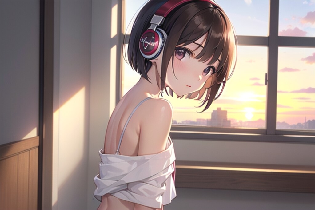 夕陽の差し込む病室とヘッドフォンの少女