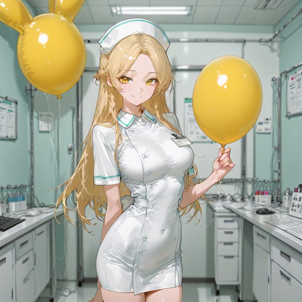 黄色の風船を持つブロンドロングのナース服の美女。