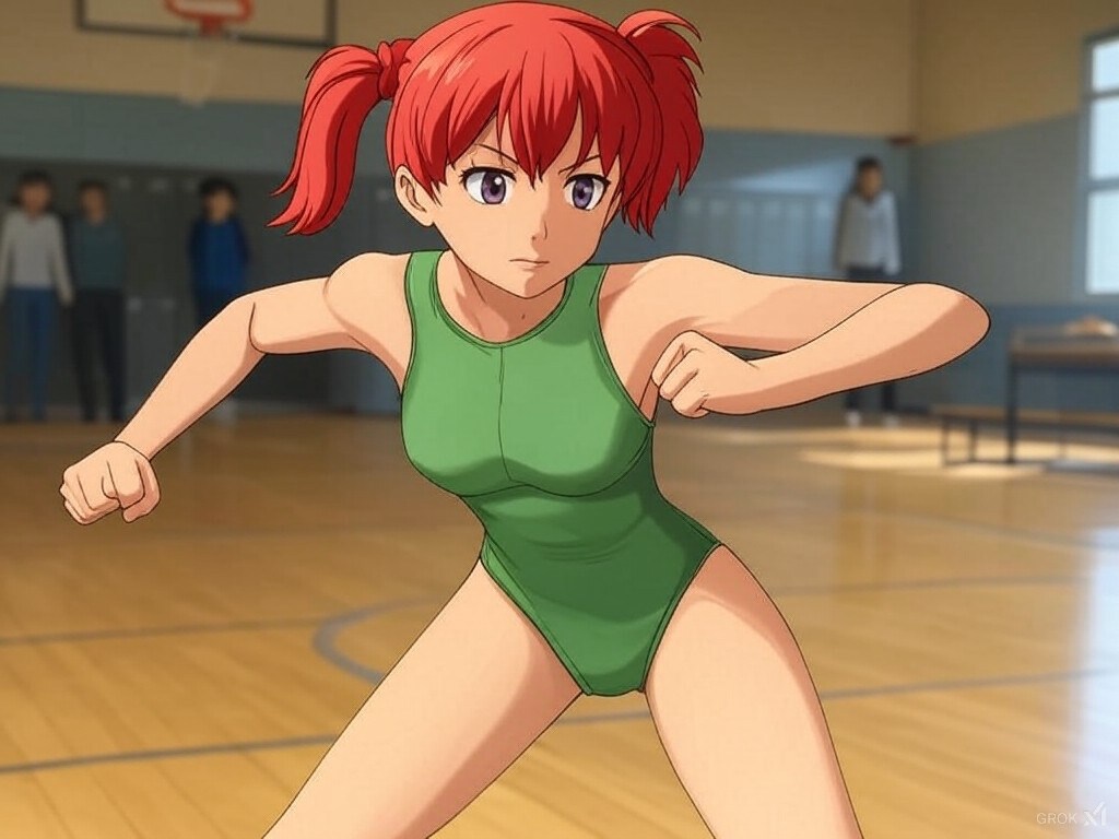 緑のスク水で戦う少女