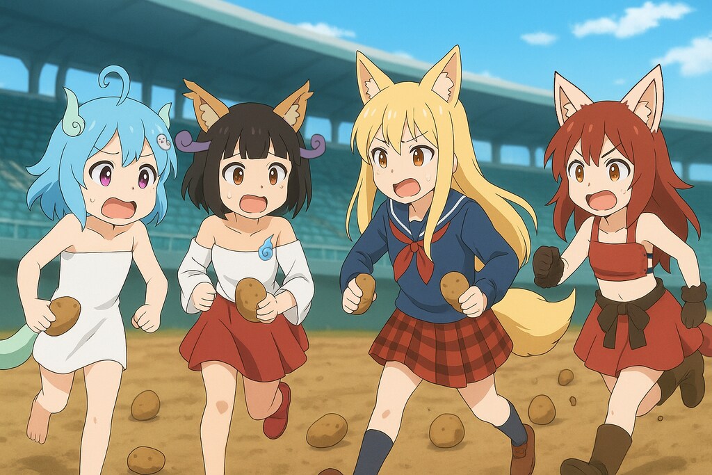 競技場の地下から大量に芋が出土して歓喜する選手たち