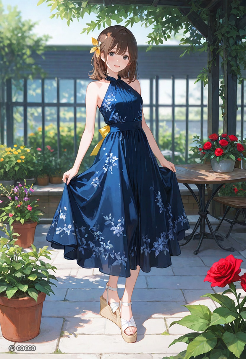 青いドレス、花と咲く庭