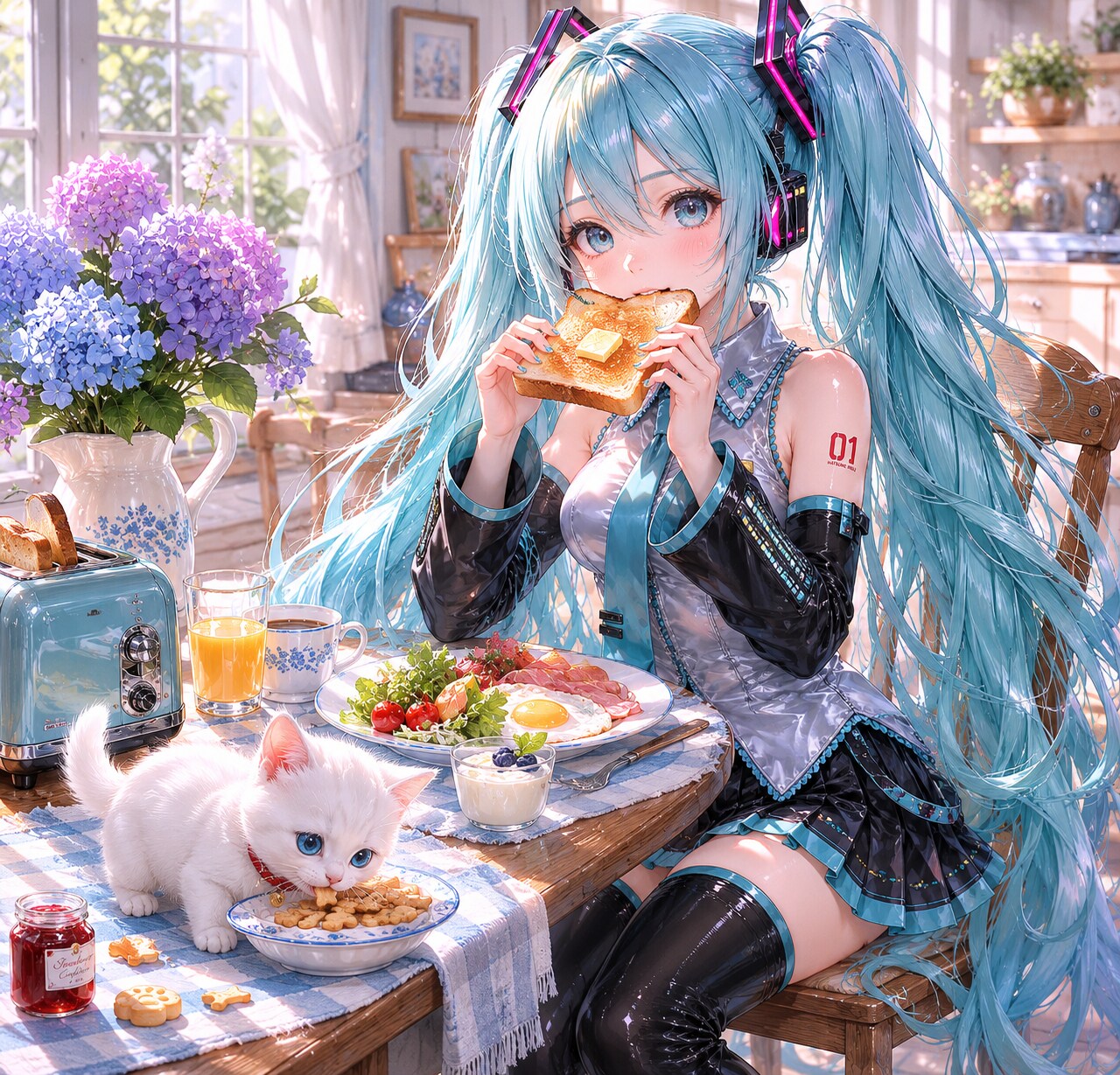 ねこたんと朝食するミクさん