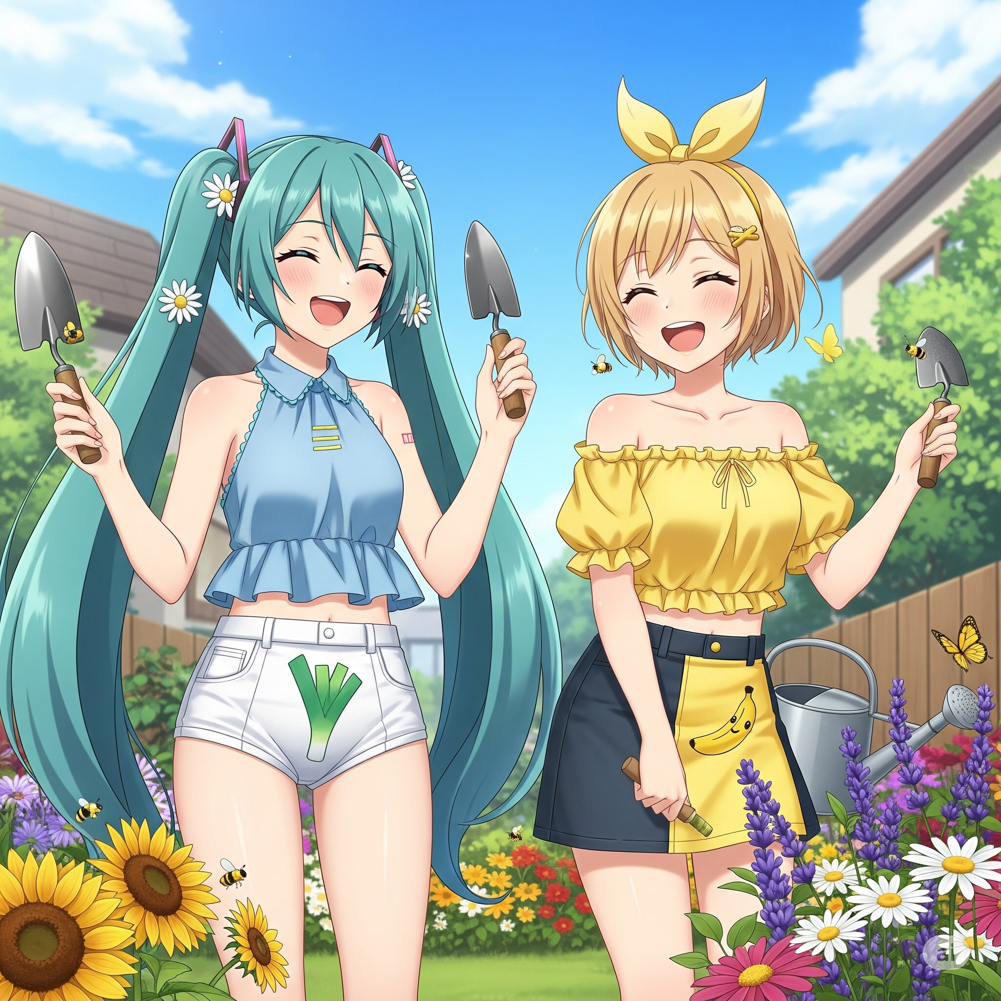 ミクさんリンさん お庭の手入れ | の人気AIイラスト・グラビア