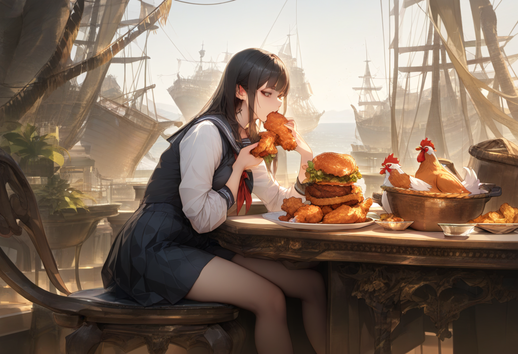 鶏を見ながらフライドチキンを食う