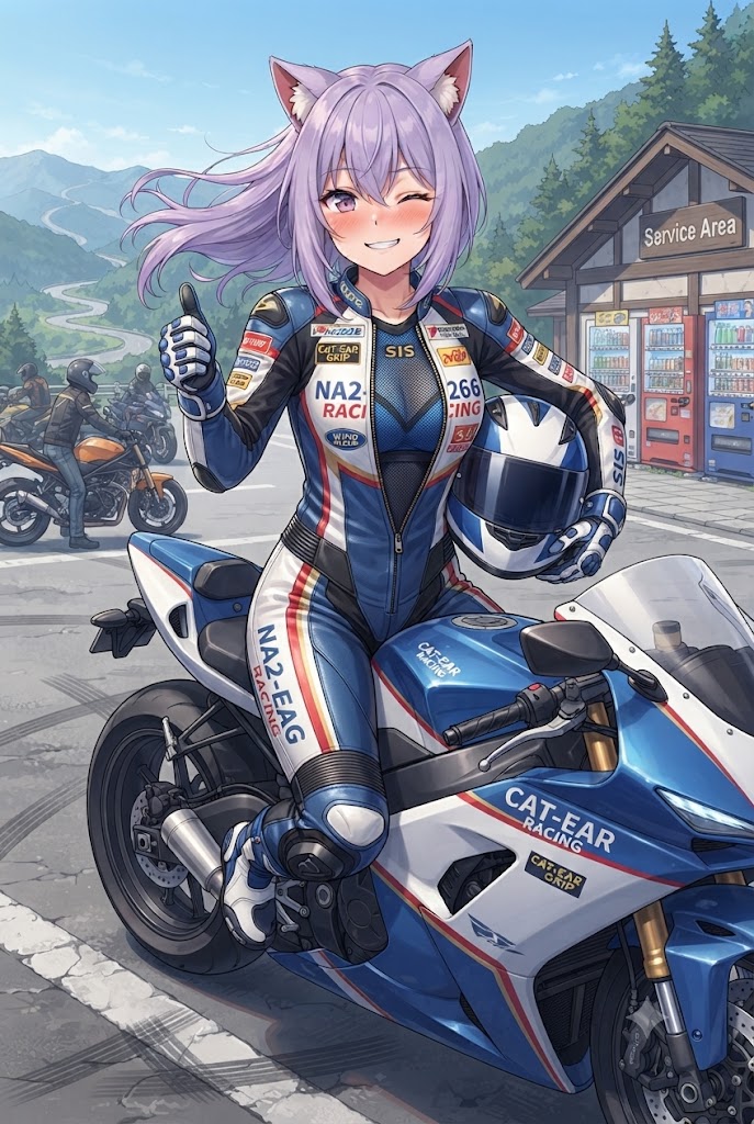 峠をツーリング中のライダースーツのシス