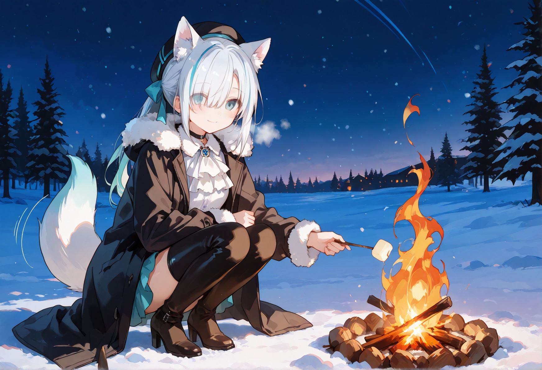 ヴァルペ・ルクスの楽しみ「たき火でマシュマロを焼く」 | の人気AIイラスト・グラビア