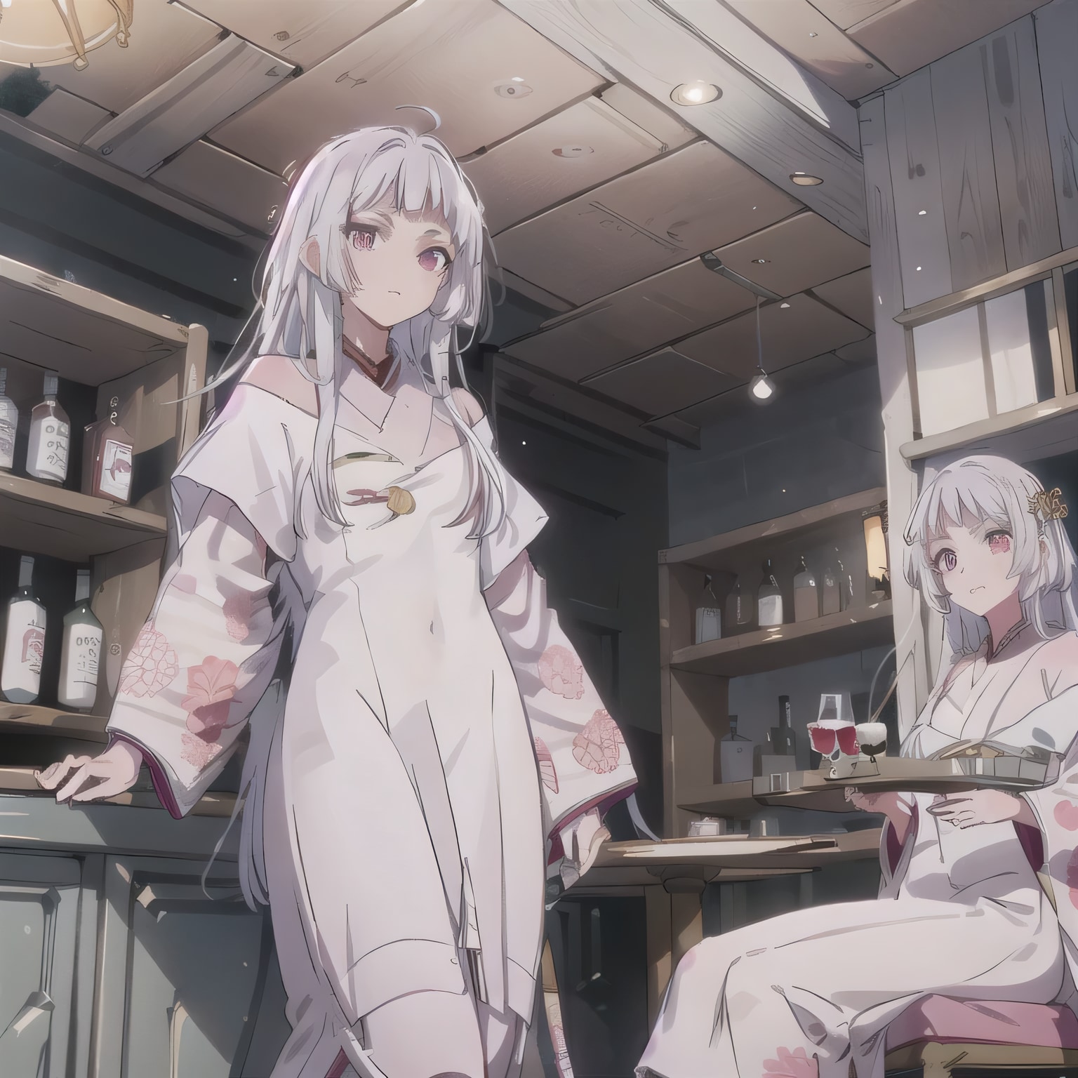 白髪ロングで酒場の少女たち | の人気AIイラスト・グラビア