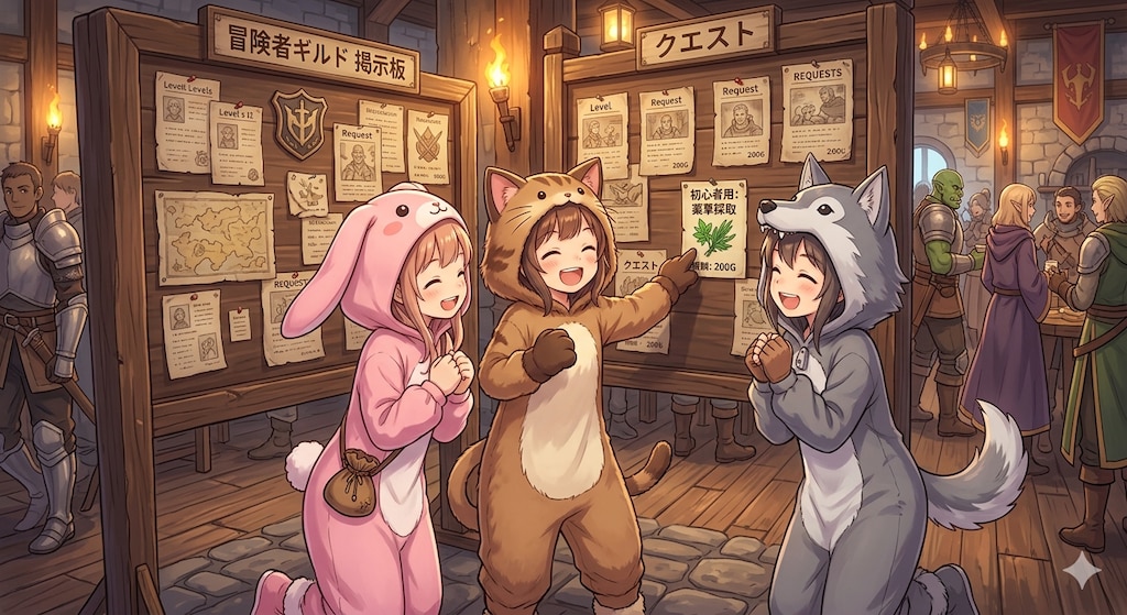 【All0409c】冒険者ギルドにクエスト「薬草採取」で良いのがあったので受注（モデル: NanoBanana2）