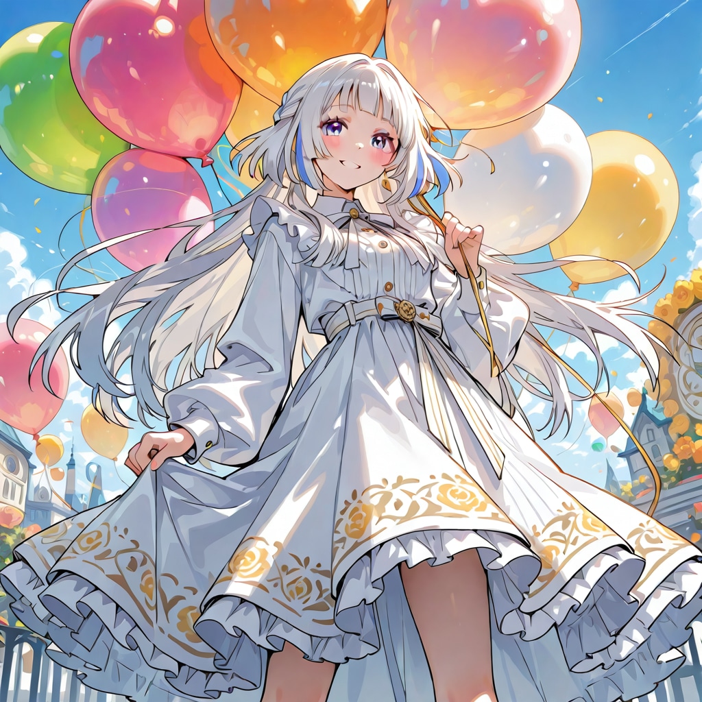 いっぱい色とりどりの風船を持つ白い髪ロングオッドアイの民族衣装着た美女 | の人気AIイラスト・グラビア