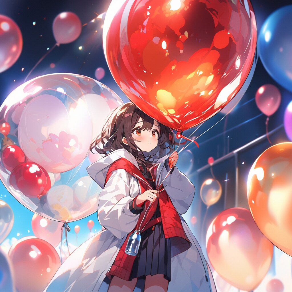 実験室で赤い巨大風船を膨らませて遊ぶ白衣の美女