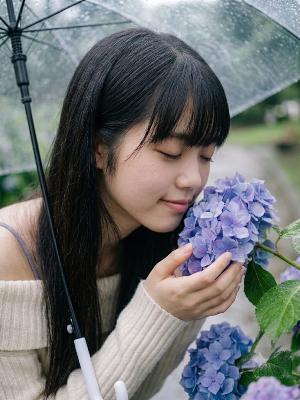 梅雨の紫陽花と少女
