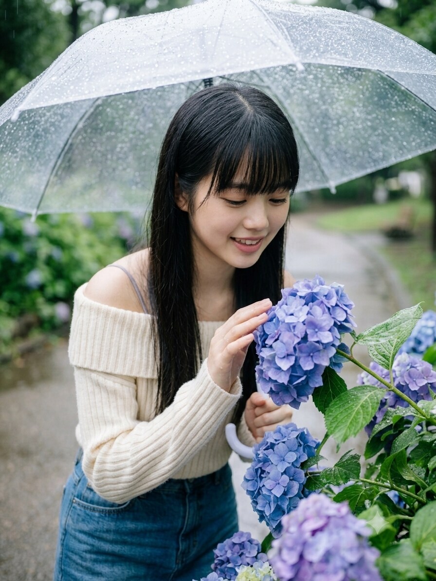 梅雨の紫陽花と少女
