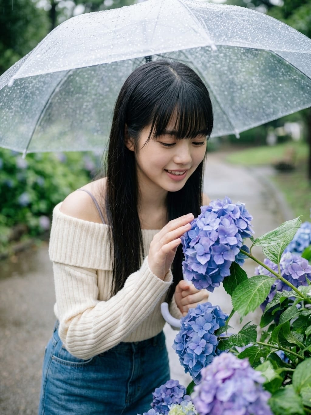 梅雨の紫陽花と少女