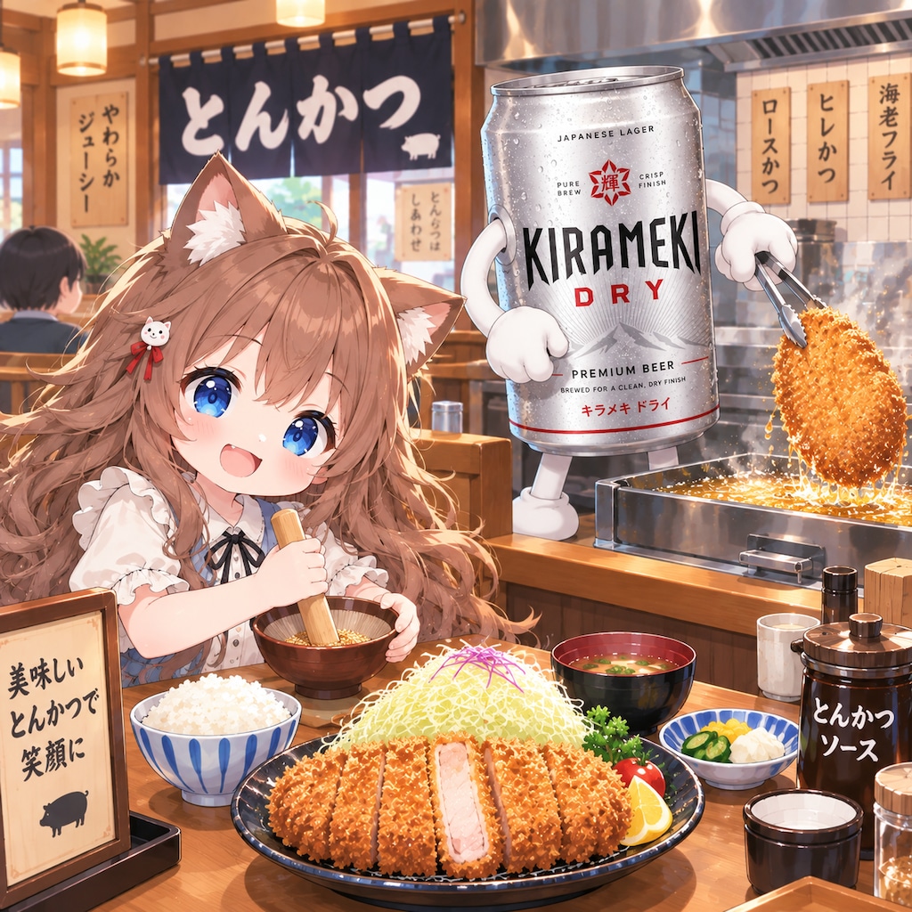 とんかつ屋で胡麻をする小さな女の子