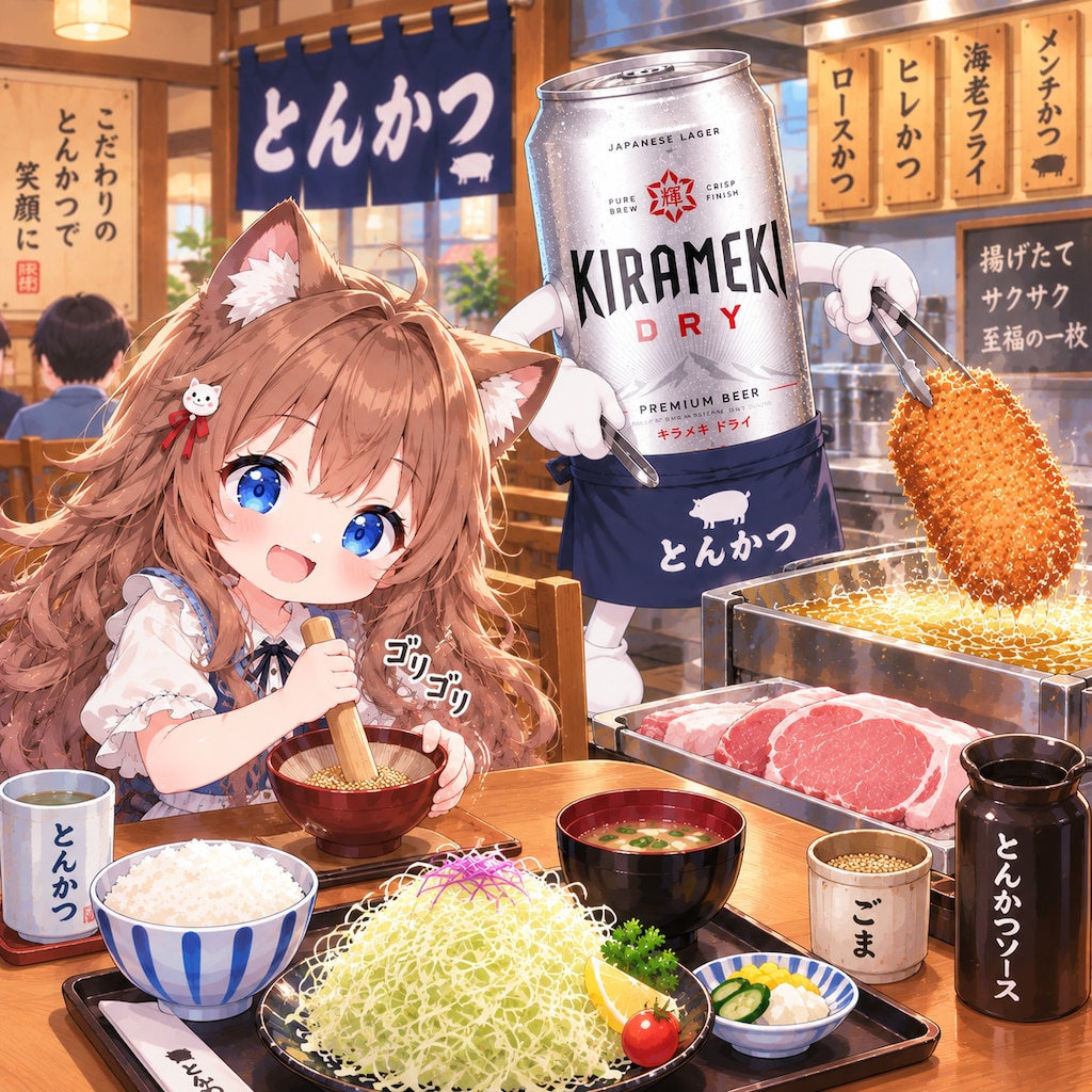 とんかつ屋で胡麻をする小さな女の子