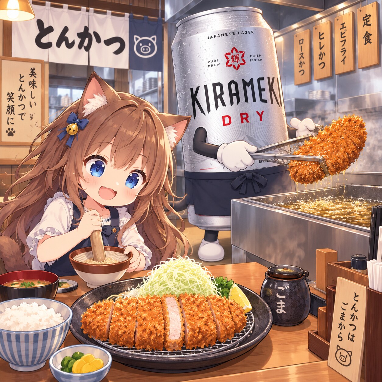 とんかつ屋で胡麻をする小さな女の子 | の人気AIイラスト・グラビア