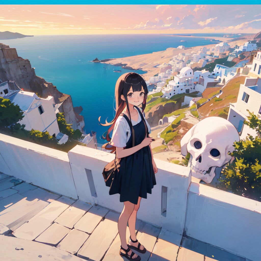 不思議な海岸の街と女の子