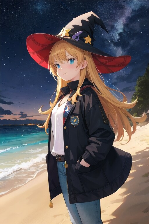 砂浜の魔女と星空 | の人気AIイラスト・グラビア