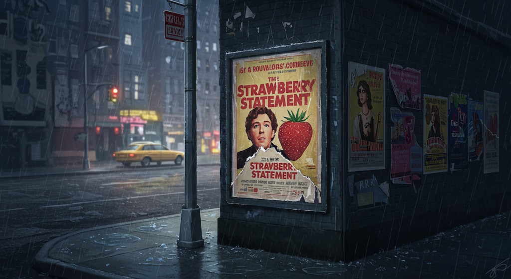 雨に破れかけた映画のポスター