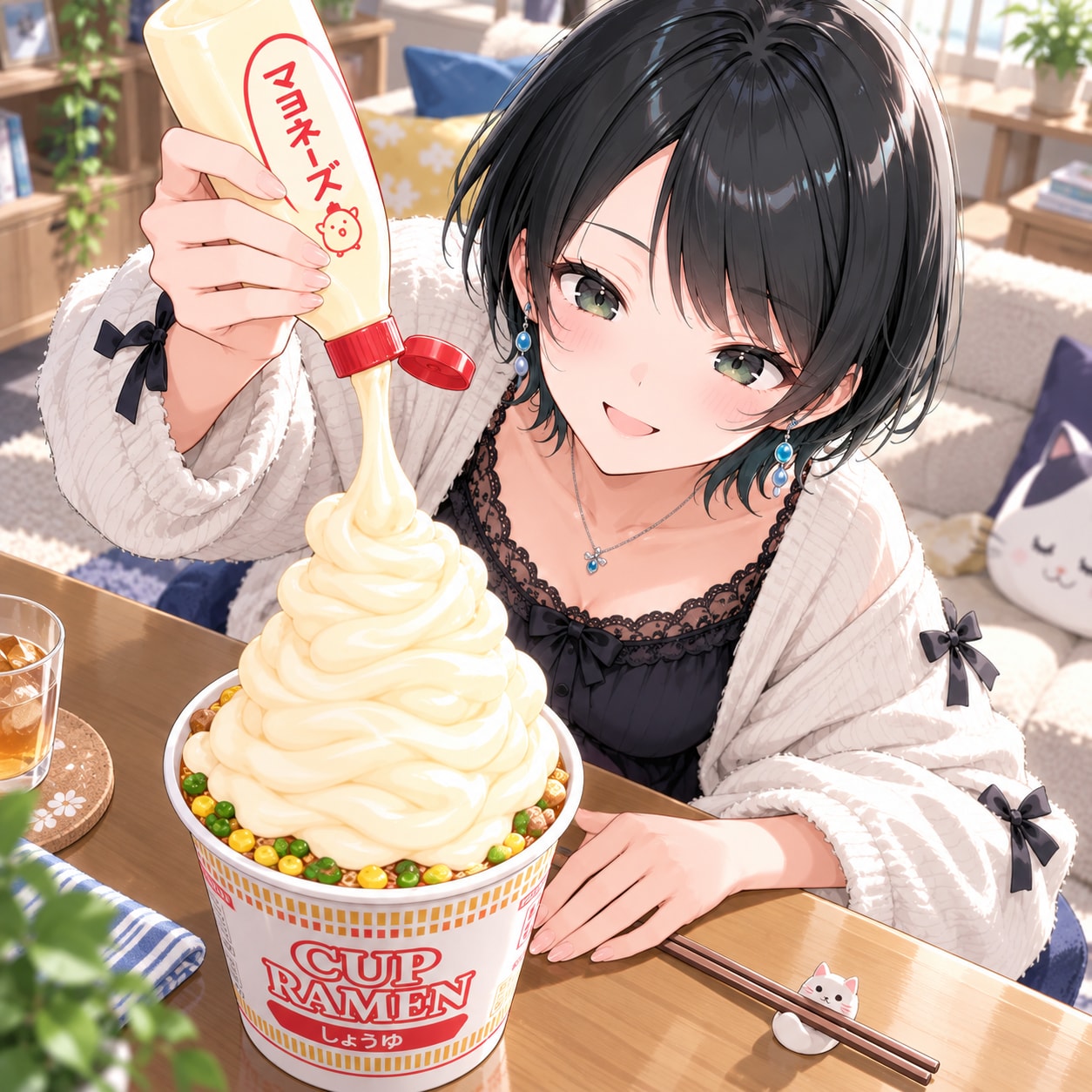カップラーメンにマヨネーズをかける藍音ちゃん | の人気AIイラスト・グラビア