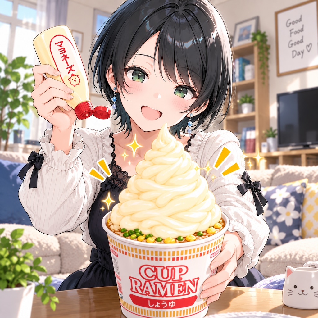 カップラーメンにマヨネーズをかける藍音ちゃん