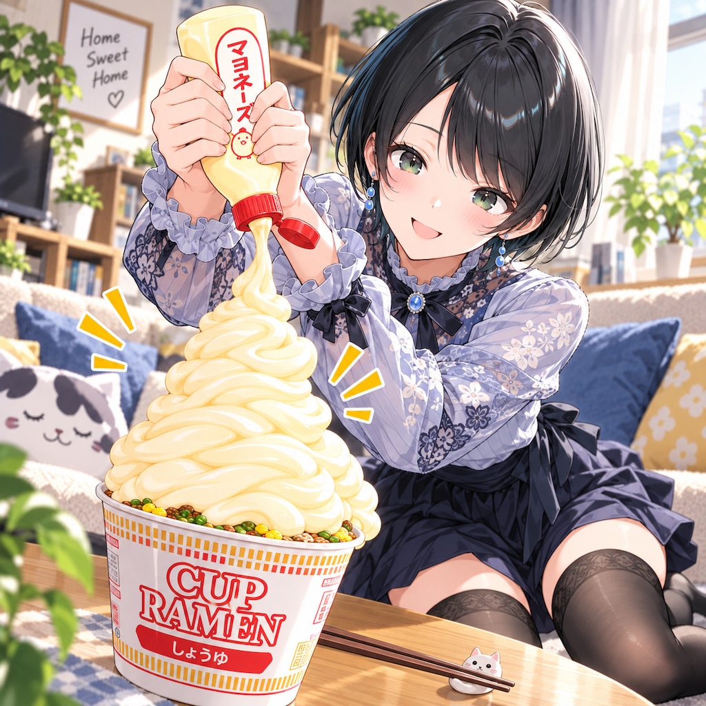 カップラーメンにマヨネーズをかける藍音ちゃん
