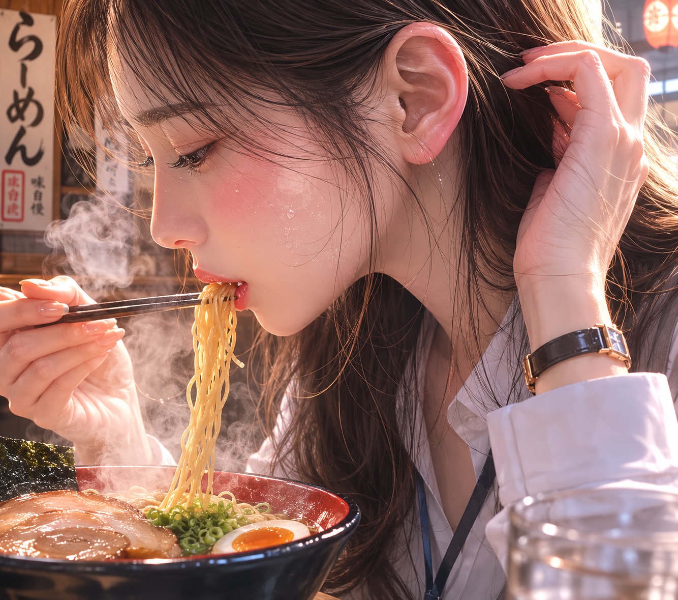 ラーメンを啜る会社員ちゃん | の人気AIイラスト・グラビア