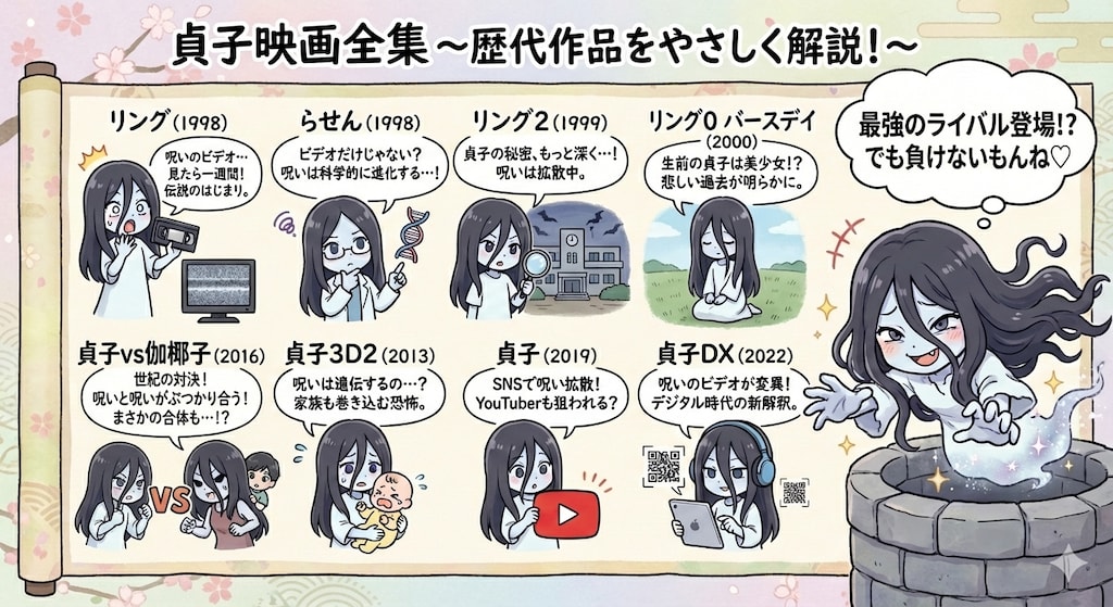 何故か？貞子vs伽椰子が抜けている💦怖くない絵柄の貞子映画解説♪・・AIちゃん修正してくれるも？今度は無印3Dが抜けるはめに？💦