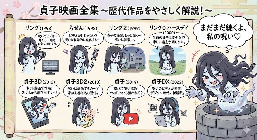 何故か？貞子vs伽椰子が抜けている💦怖くない絵柄の貞子映画解説♪・・AIちゃん修正してくれるも？今度は無印3Dが抜けるはめに？💦