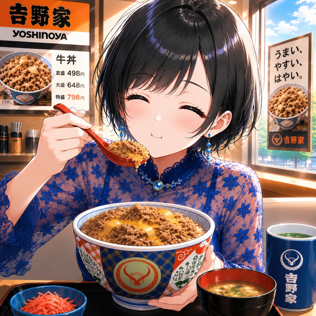 牛丼に牛皿で贅沢してる藍音ちゃん