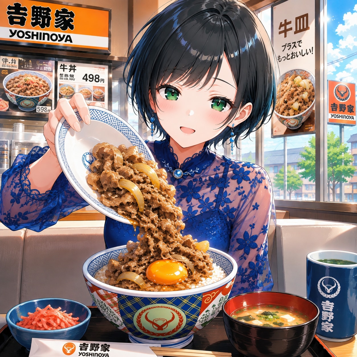 牛丼に牛皿で贅沢してる藍音ちゃん