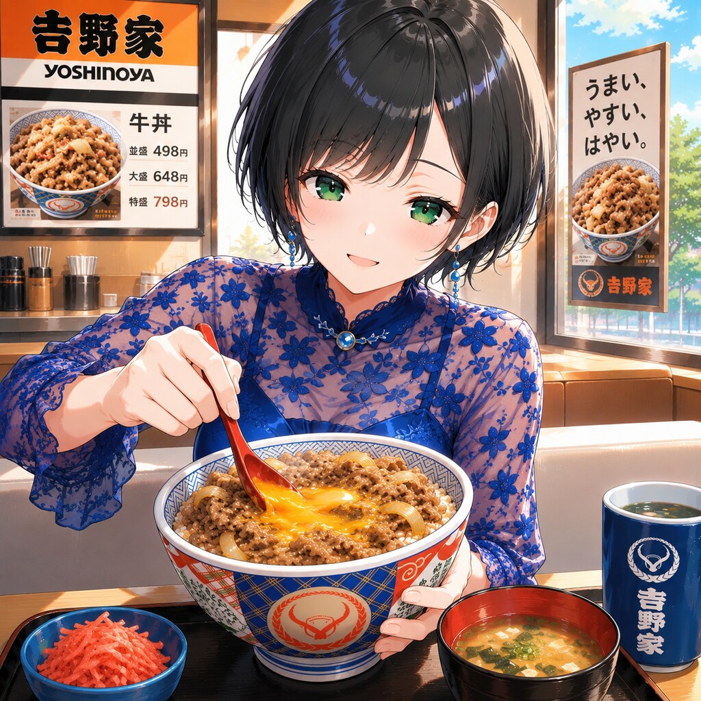 牛丼に牛皿で贅沢してる藍音ちゃん