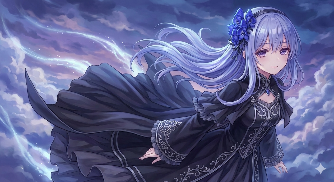 ゴシックドレスで雲の上に居る魔導師の女の子 | の人気AIイラスト・グラビア