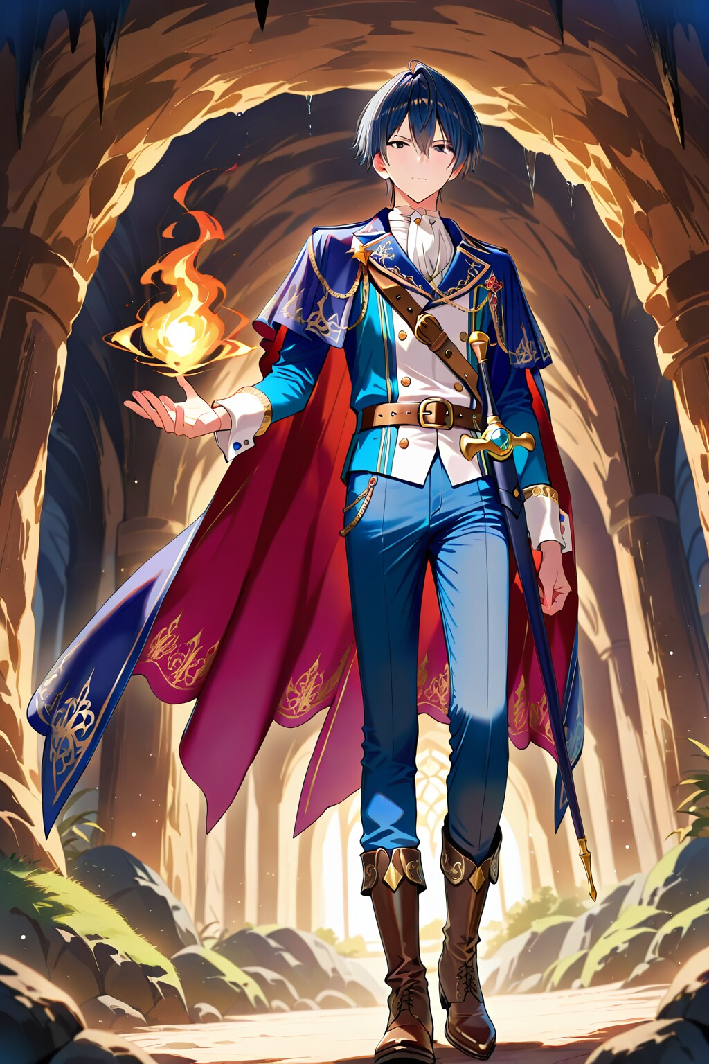 ファンタジー古代遺跡の前、大柄な若い男性魔術師1-4-1
