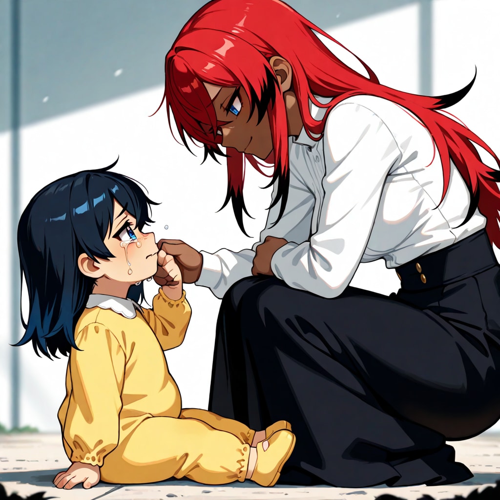 黒メッシュさん　子供をあやす