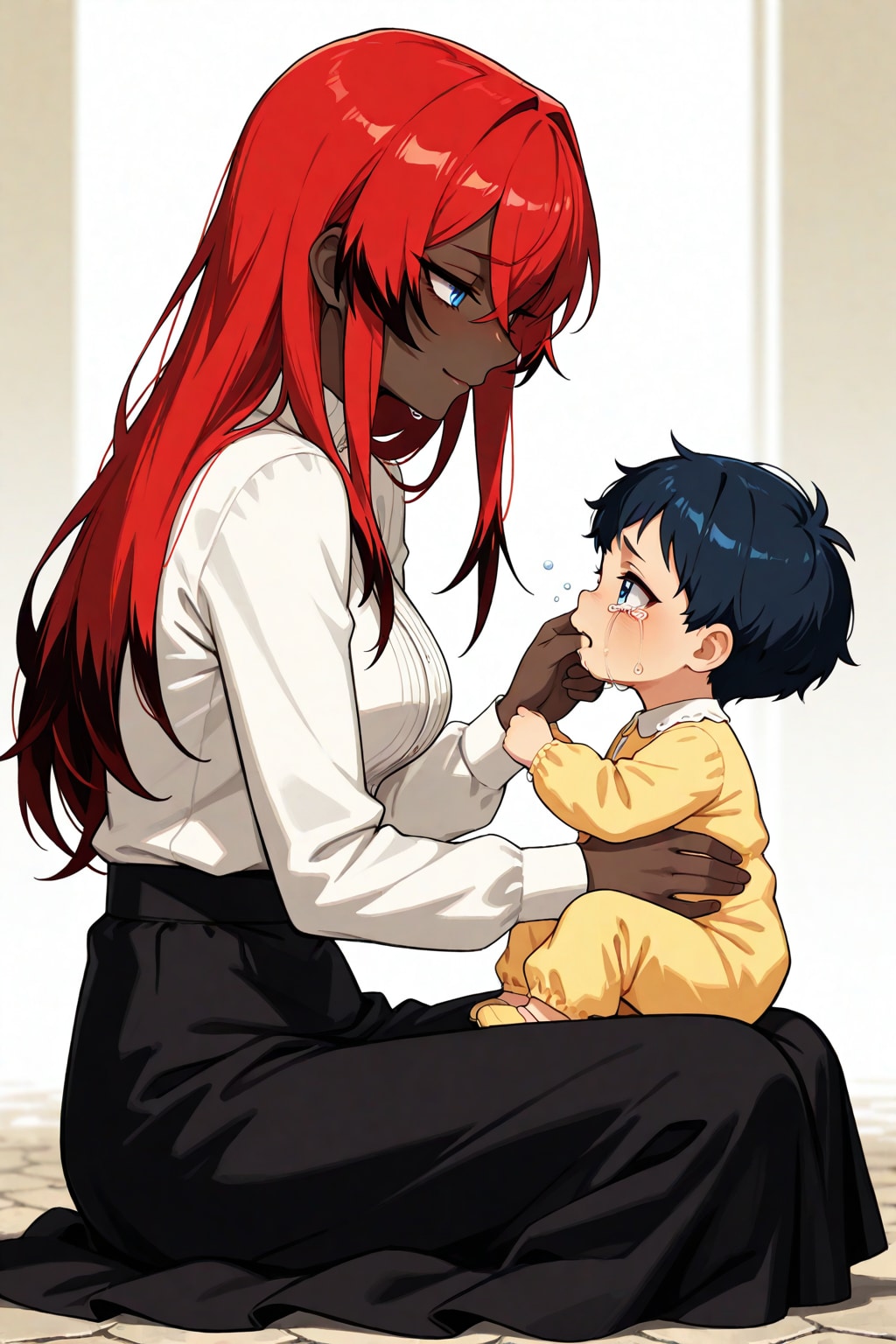 黒メッシュさん　子供をあやす