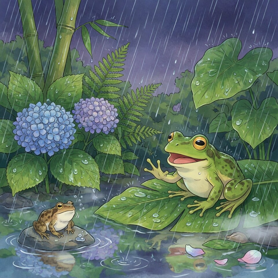 紫陽花とカエル
