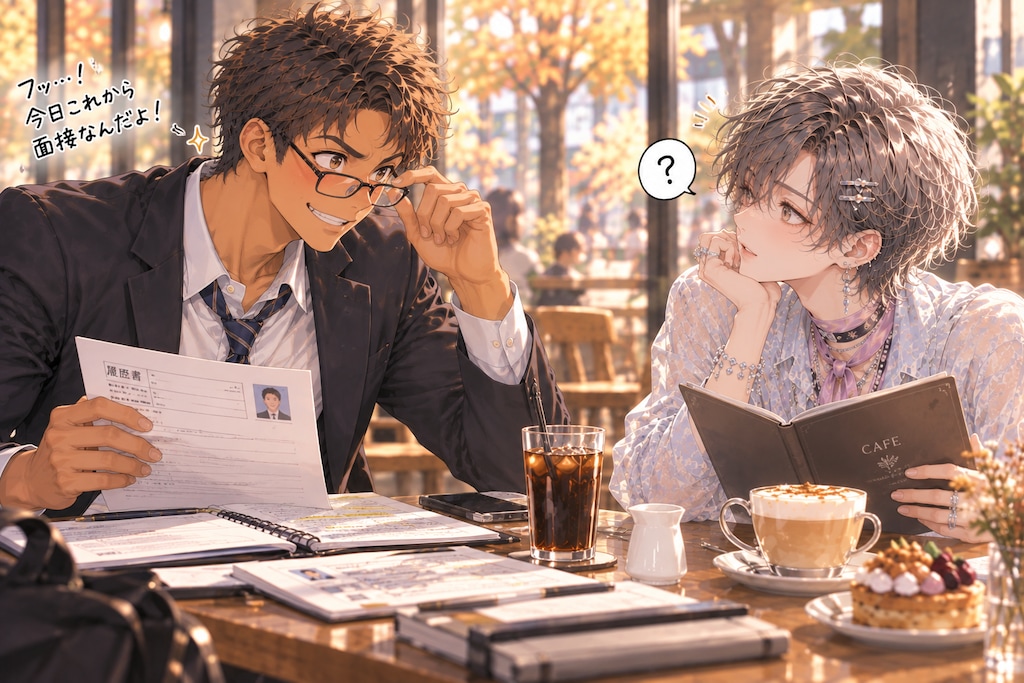 リアムは、ブラックコーヒーとメガネで背伸びする。