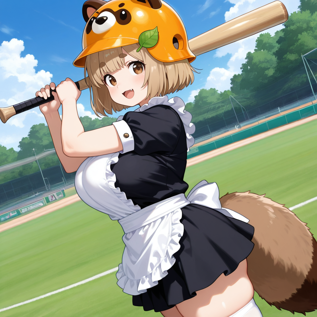 野球場にいるメイドたぬき