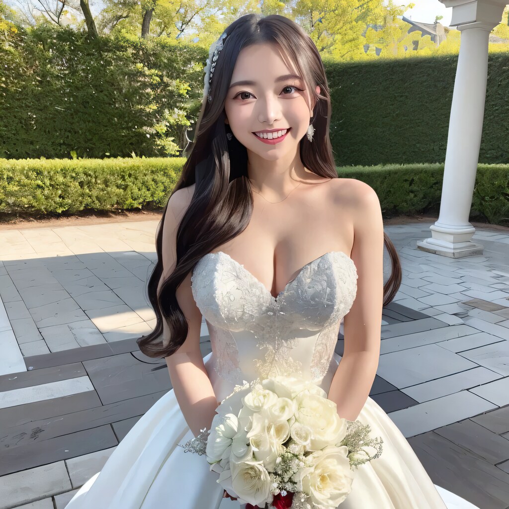 黒髪ロングでウェディングドレスの美女１２３