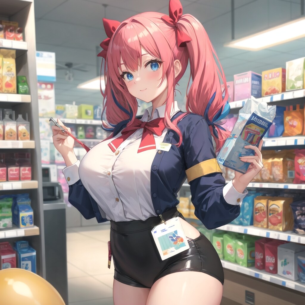 風船を持つピンク髪ツインテールのコンビニ店員の美女 | の人気AIイラスト・グラビア