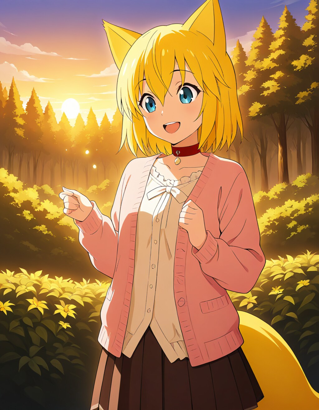 日が傾き夜の帳が下りようとする森の中で謎ポーズを取り嬉しそうにしているキツネ