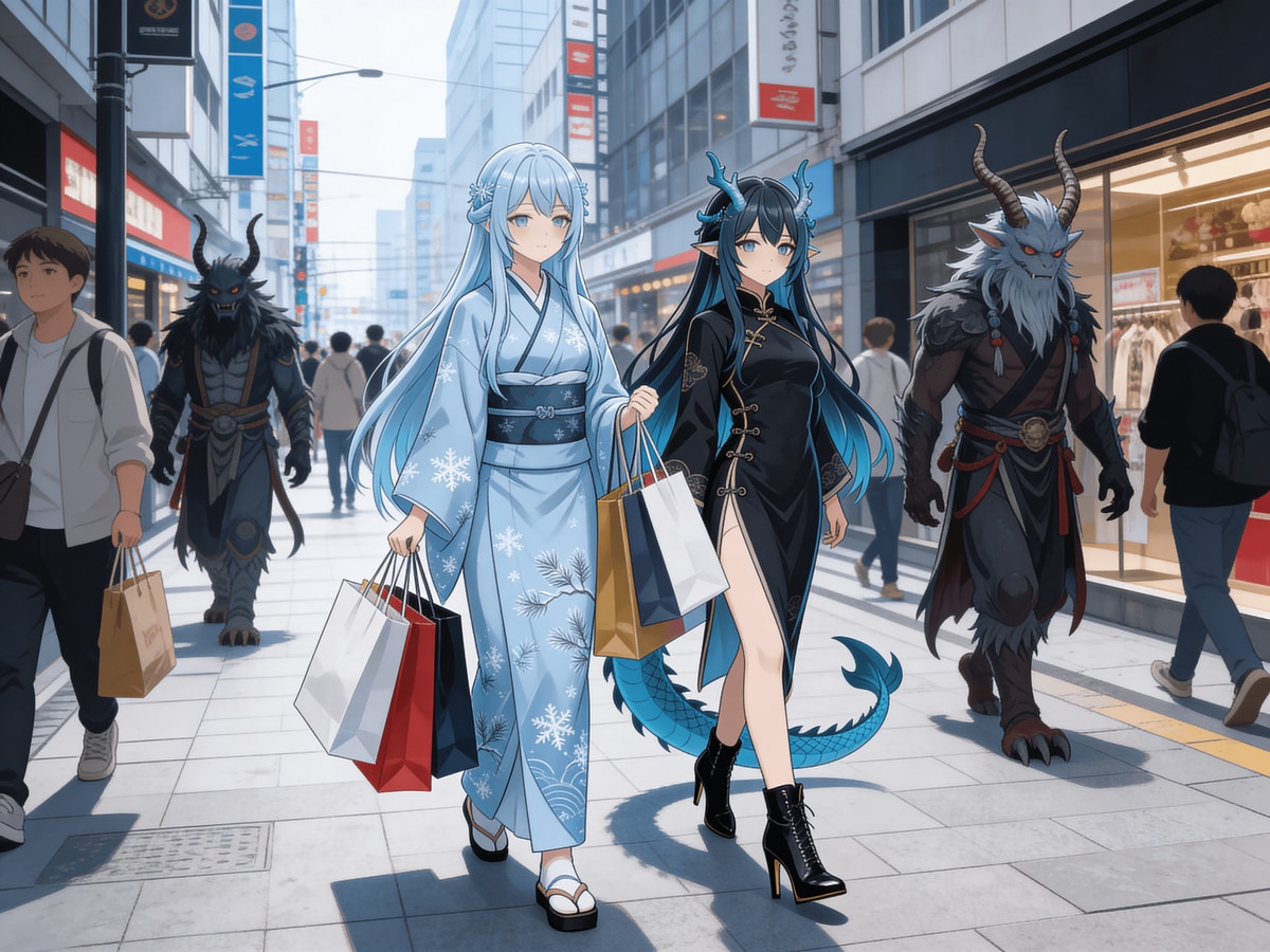 雪女と龍娘のショッピング日常 | の人気AIイラスト・グラビア
