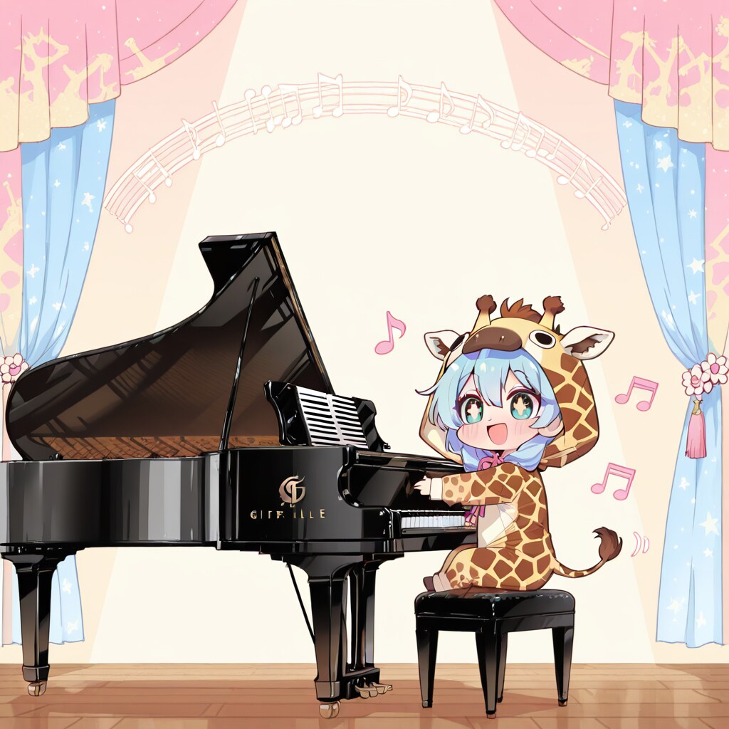 ピアノを楽しむキリン着ぐるみちび子ちゃん