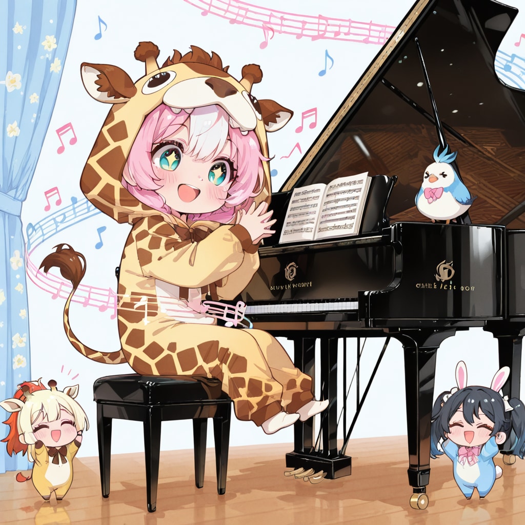 ピアノを楽しむキリン着ぐるみちび子ちゃん