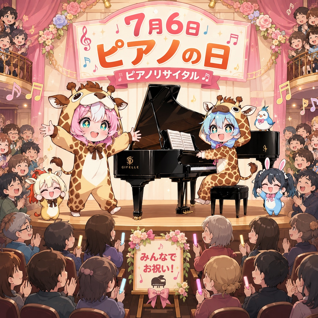 ピアノを楽しむキリン着ぐるみちび子ちゃん