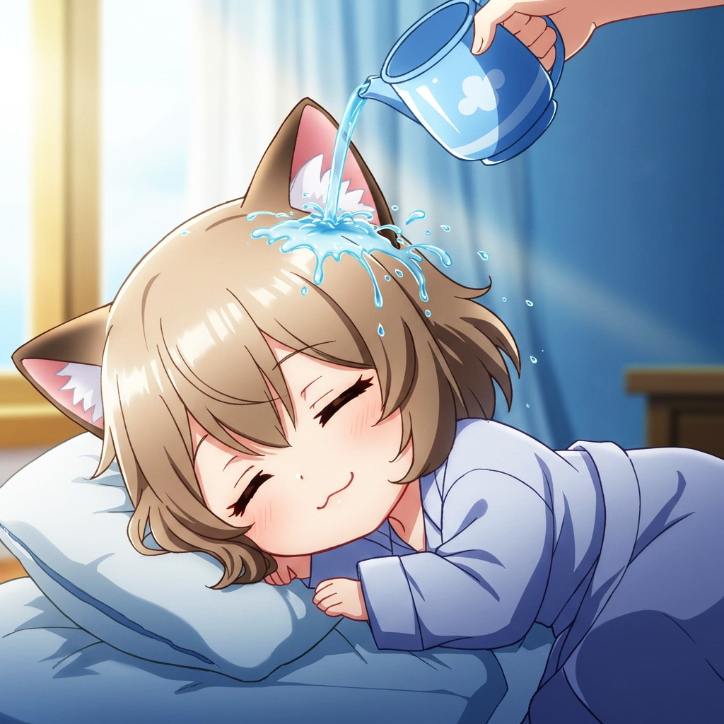 寝ネコ耳に水