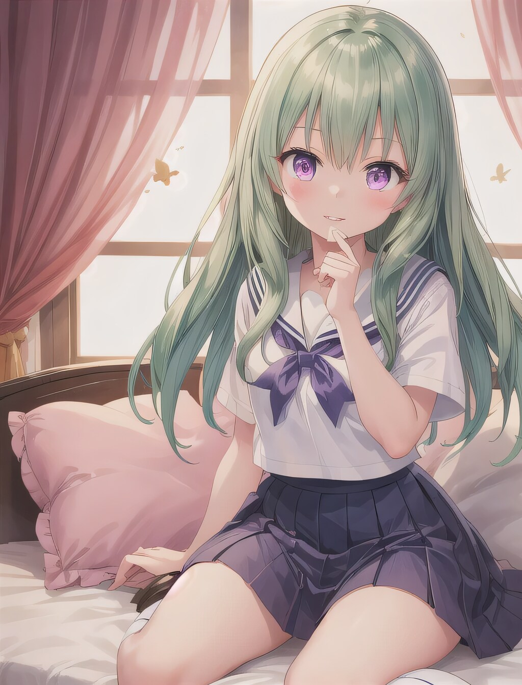 緑髪ロングで寝室の少女