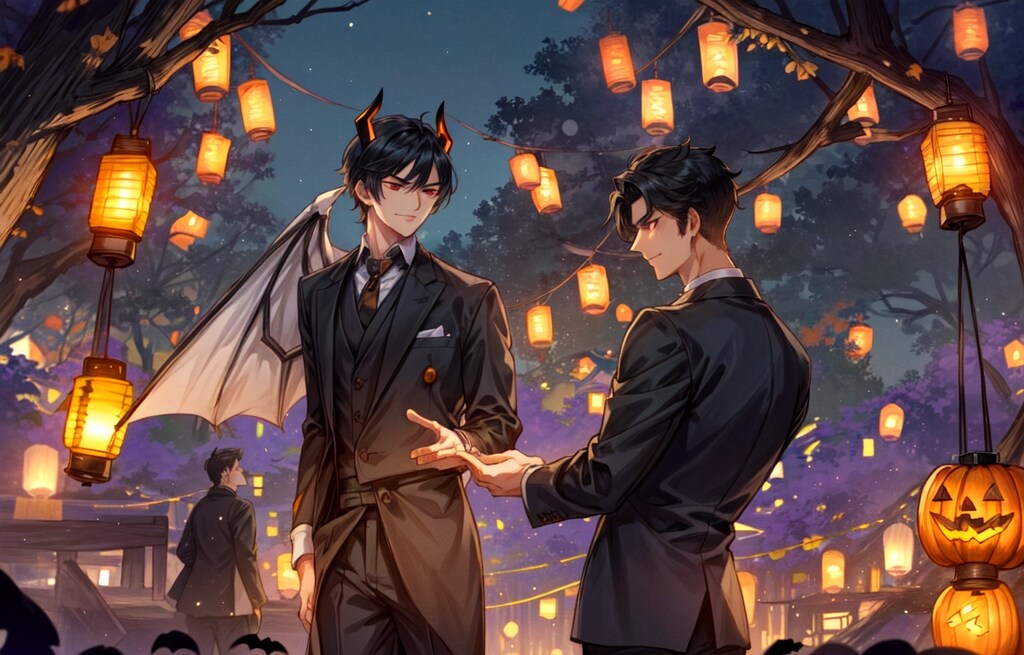 あかりが灯った街にいる、悪魔な黒髪短髪男性★（9枚）